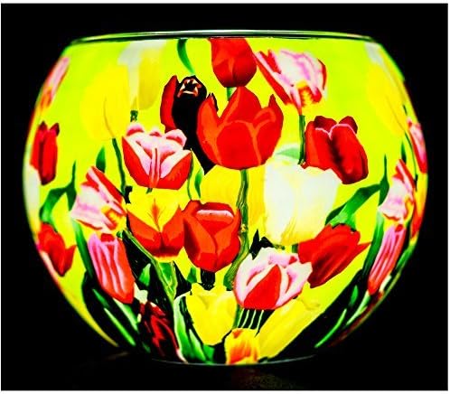 Light Glass Handcrafted Tea Light Holder Tulips with USB Rechargeable Light