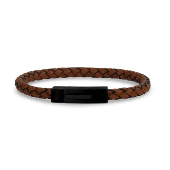 Woven Leather Bracelet Tan with Black Clasp