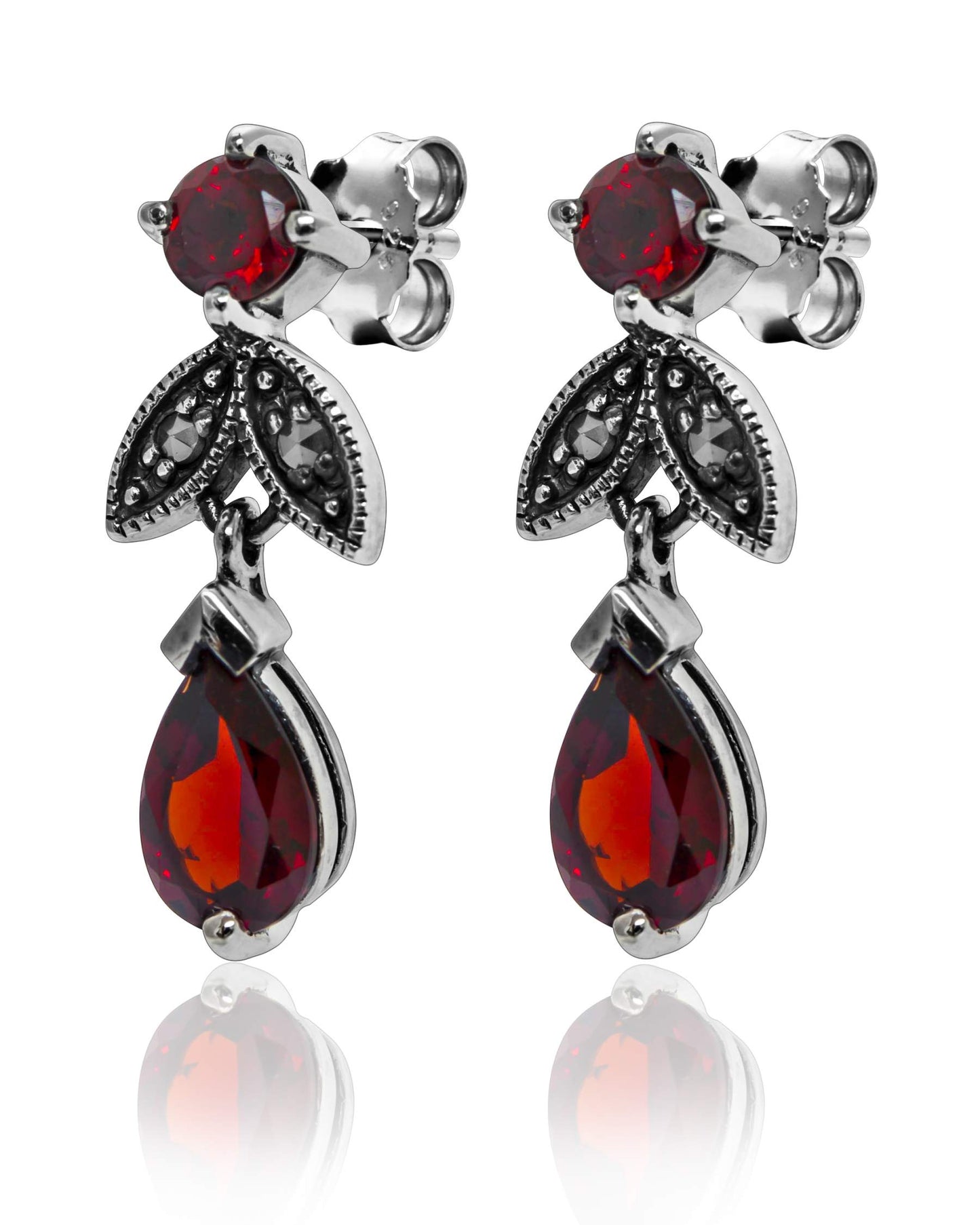 Embellished Garnet Earrings Oxidized Silver Marcasite - Larus