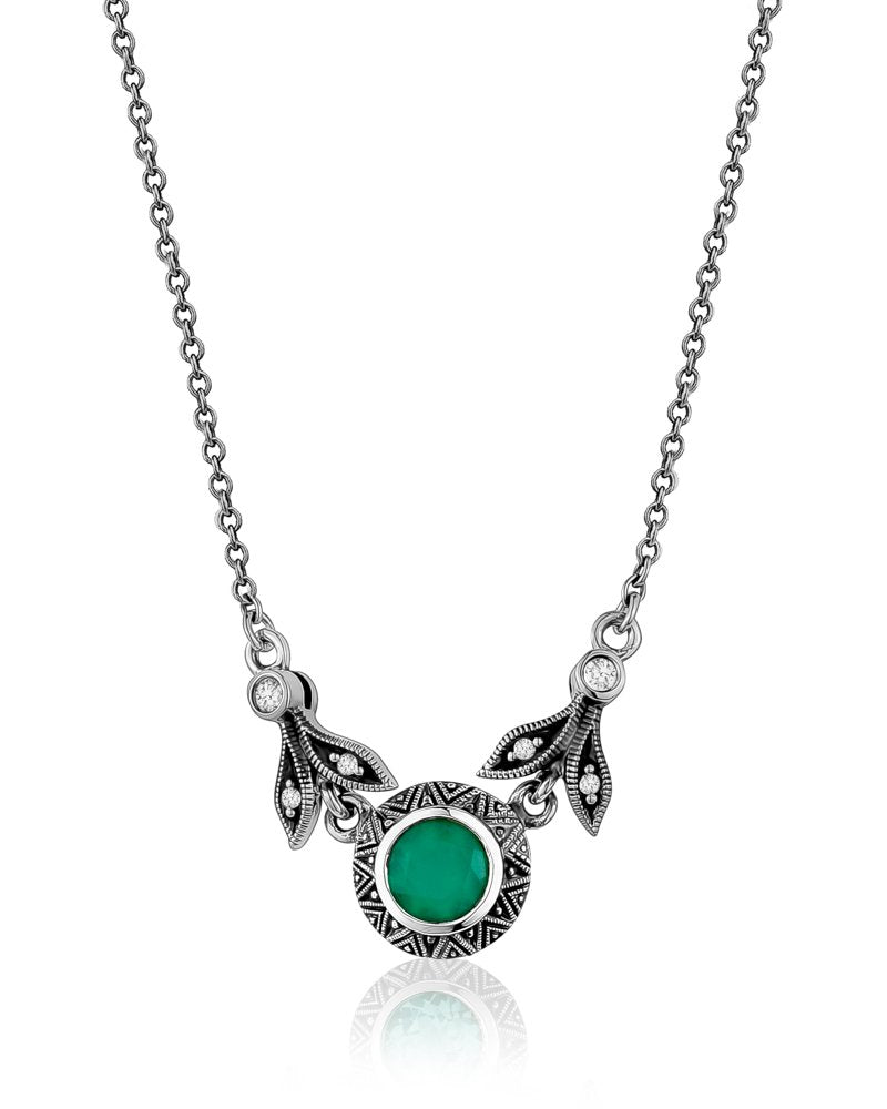 Marcasite Green Chalcedony Necklace Oxidized Silver 16-18" - Larus
