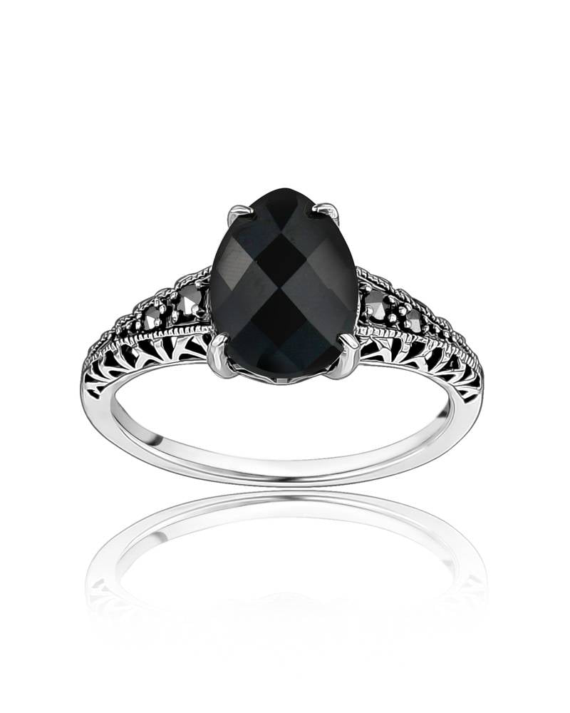 Black Spinel Teardrop Ring Size 7 Oxidized Silver Marcasite - Larus