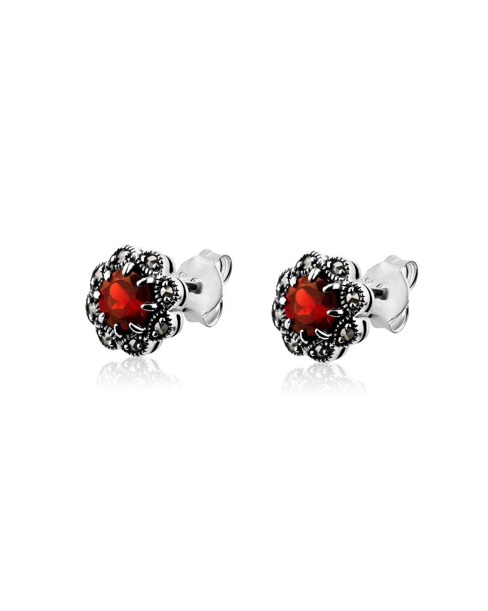 Garnet Stud Earrings 5mm Oxidized Silver Marcasite - Larus