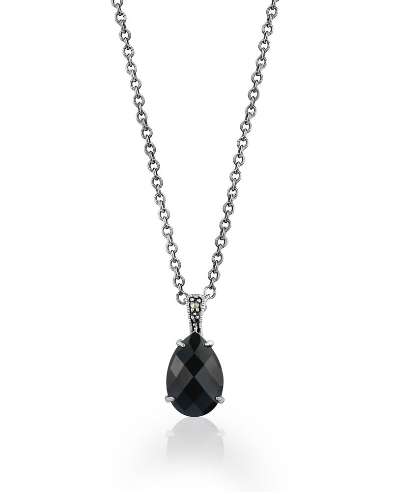 Black Spinel Teardrop Pendant Oxidized Silver 16-18" - Larus