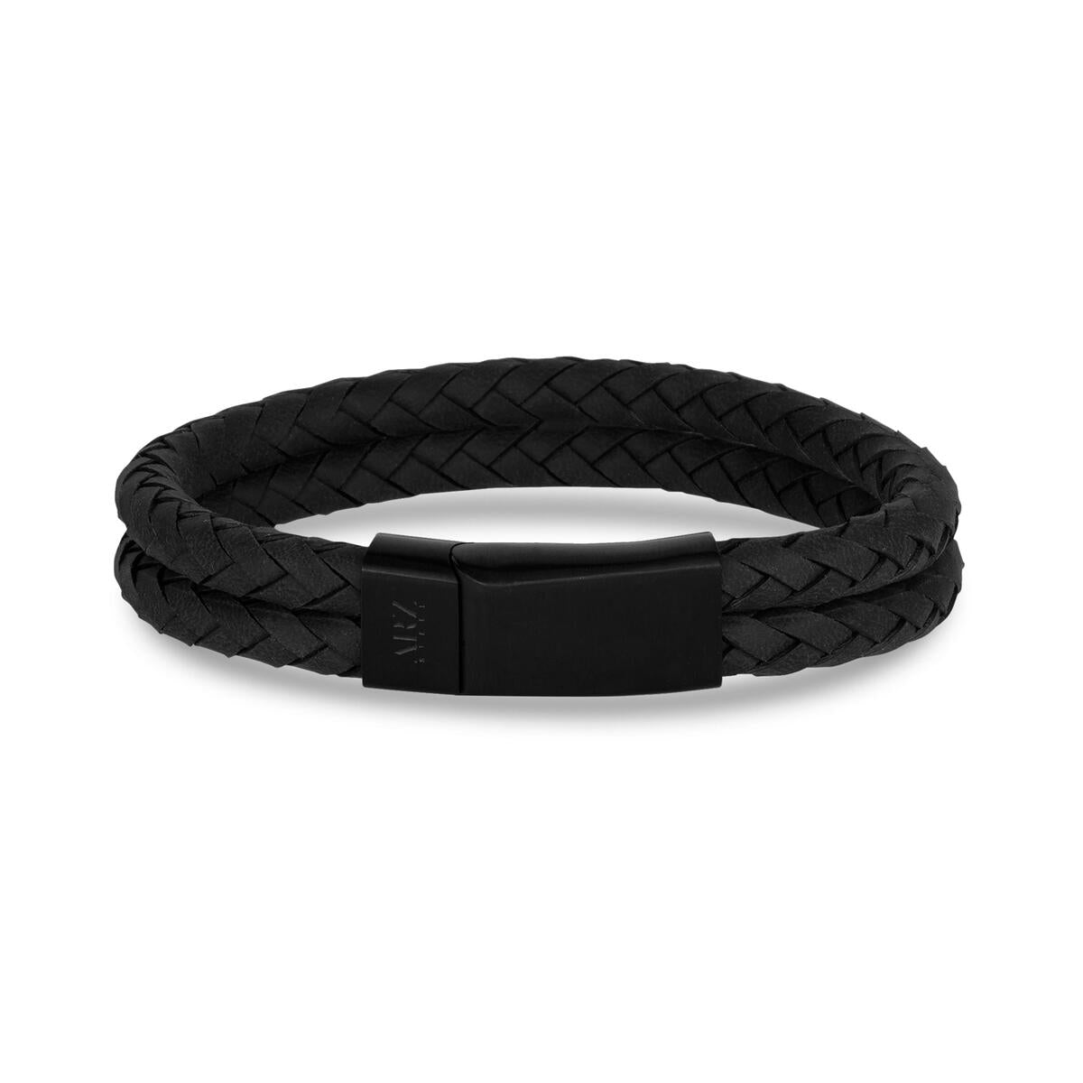 Bracelet Double Rang en Cuir Noir Fermoir Noir