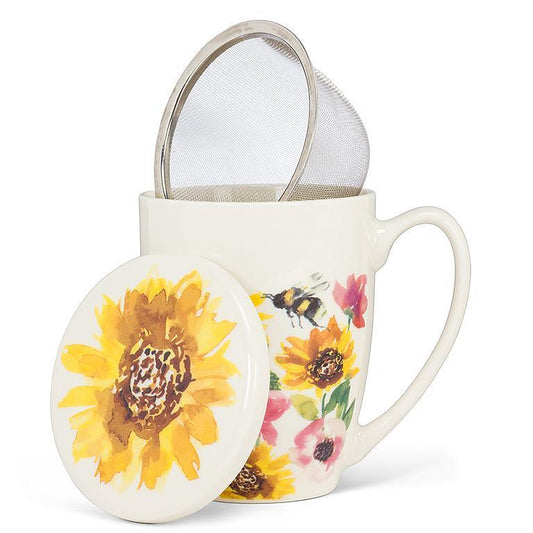 Sunflowers & Bees Covered Mug & Strainer