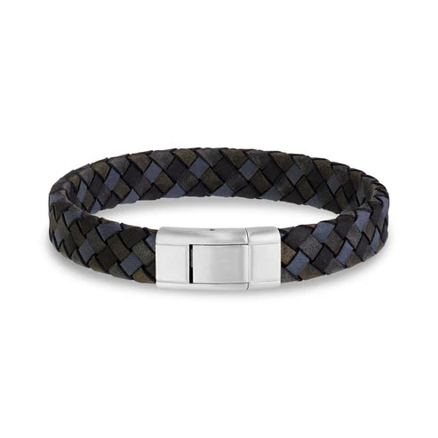 Black, Blue, Gray Leather Bracelet with Stainless steel clasp