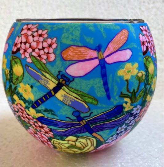 Light Glass Handcrafted Tea Light Holder Dragonfly Garden with USB Rechargeable Light