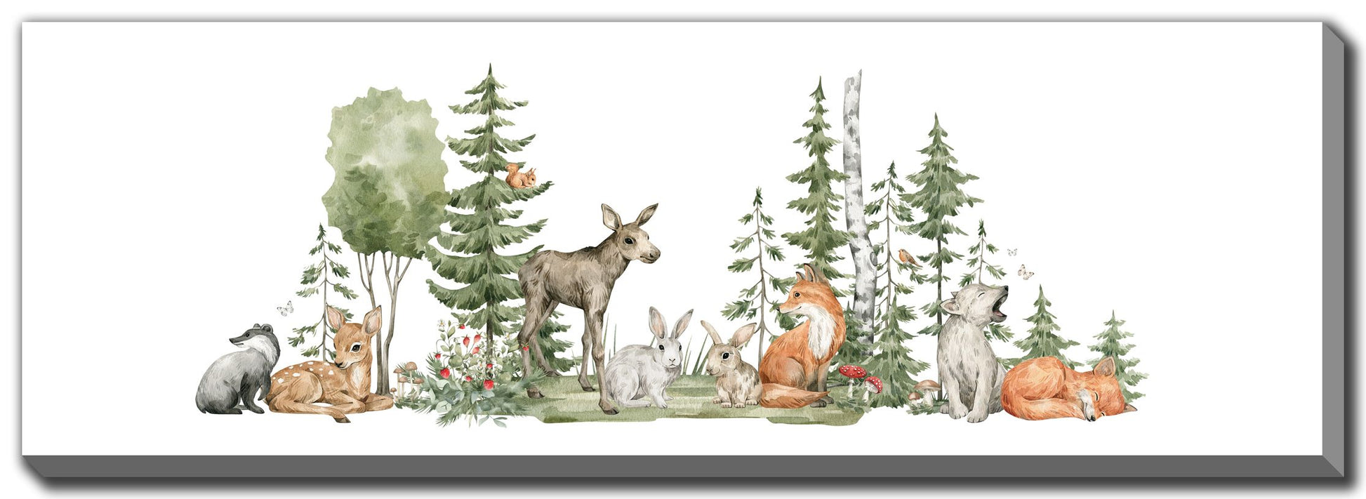 Woodland animals canvas art featuring forest friends including deer, fox, and rabbit in multicolor design, 12x36 inches with natural wood frame for nursery decor