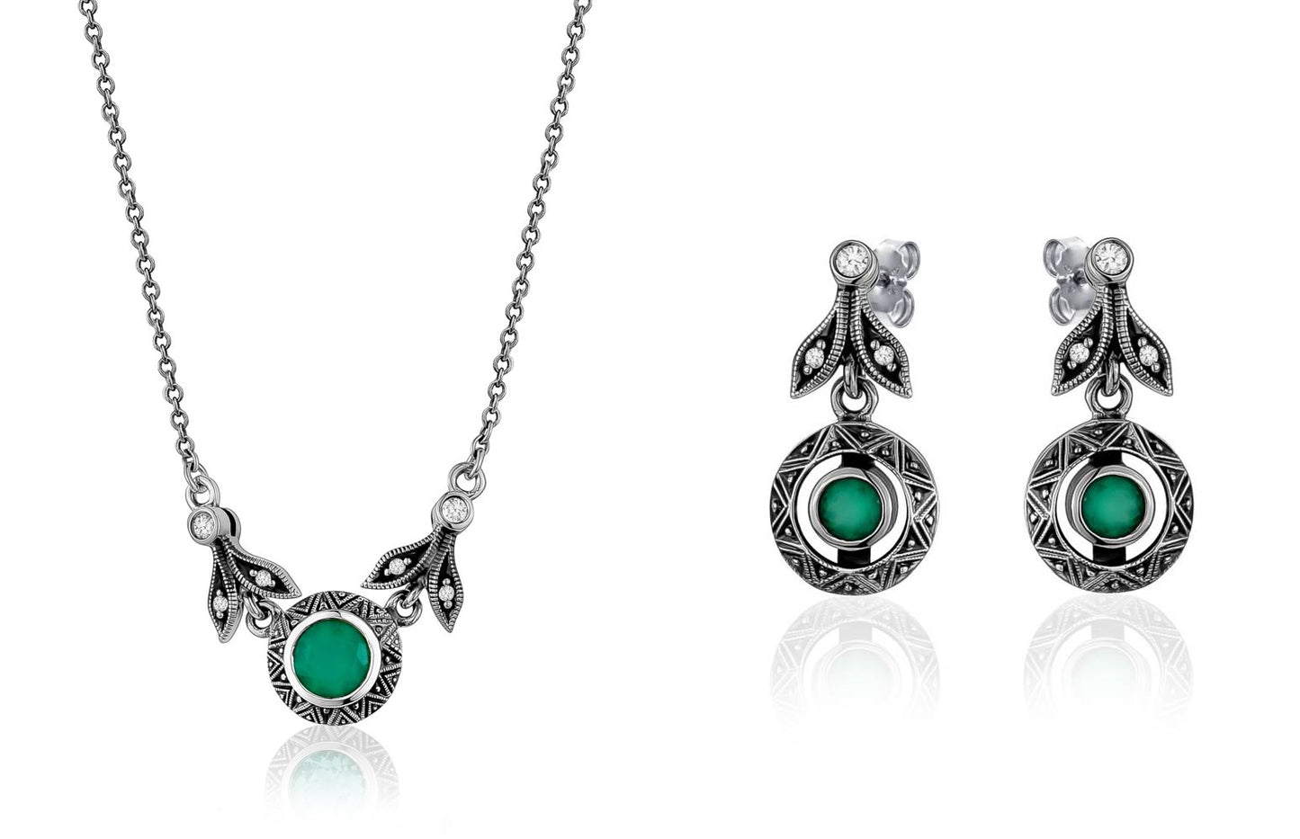 Marcasite Green Chalcedony Necklace & Earrings Set Oxidized Silver - Larus