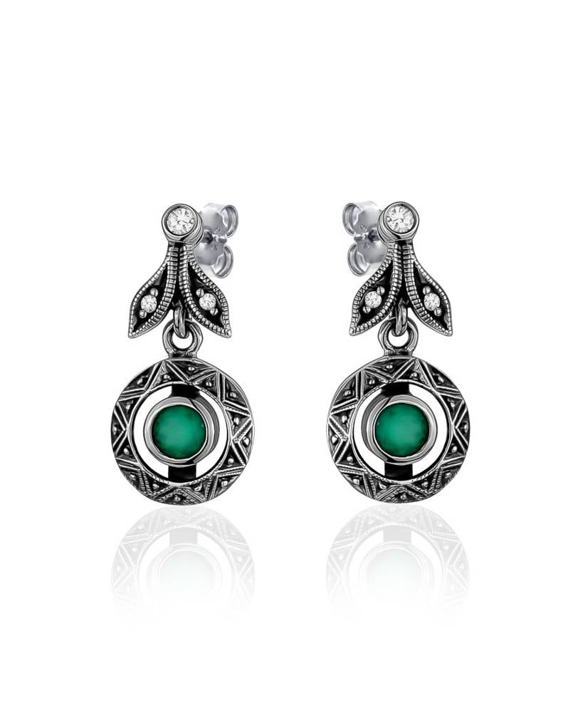 Marcasite Green Chalcedony Drop Earrings Oxidized Silver - Larus