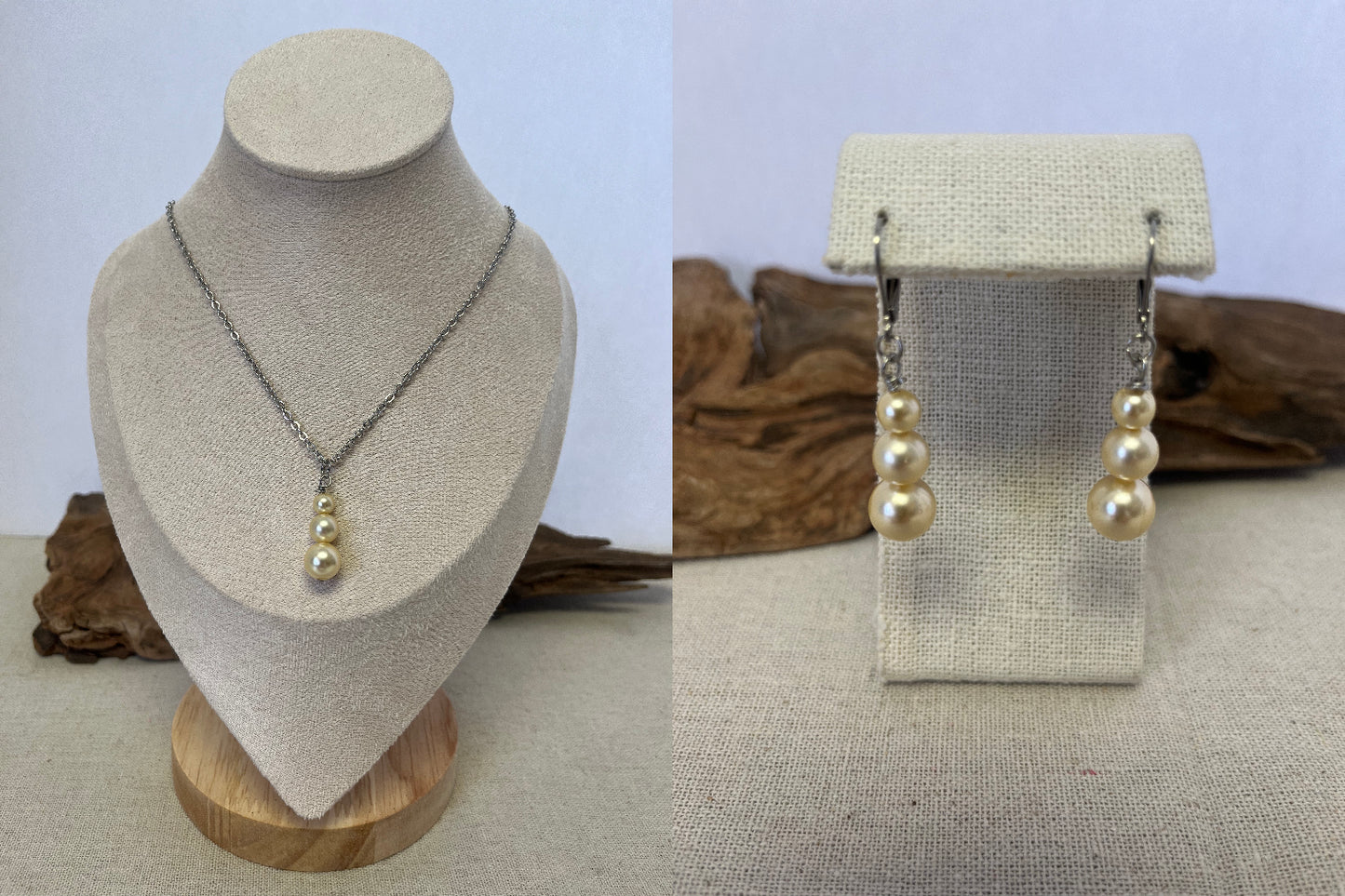 Cream Triple Pearl Drop Pendant & Earrings