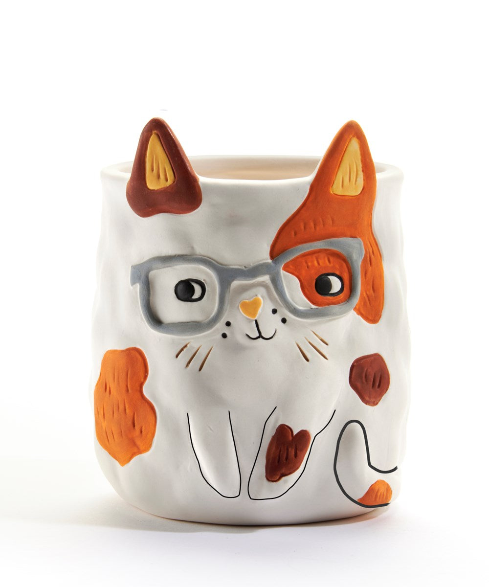 Calico cat with glasses planter