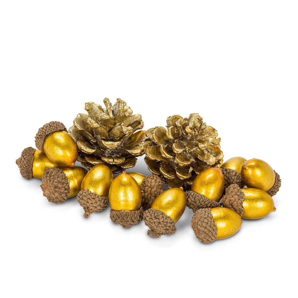 Metallic acorns and pinecones