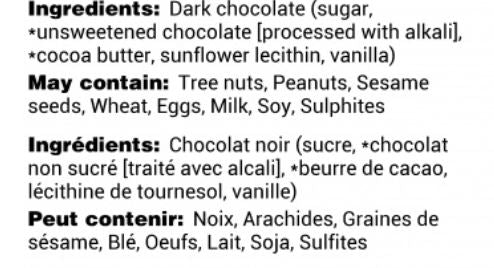 Dark Chocolate Thank you Bar ingredients