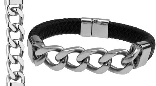Steel and Leather Bracelet Black
