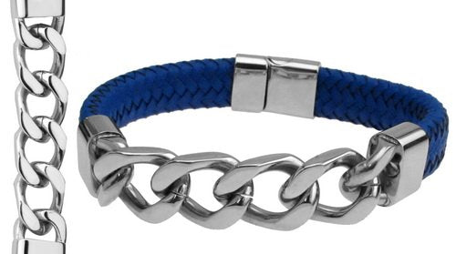 Steel and Leather Bracelet Blue